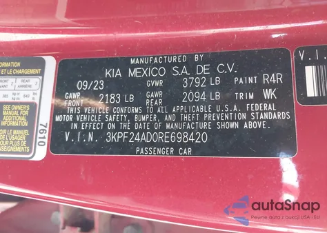 2024 Kia Forte Lxs z USA, uszkodzony, nr VIN 3KPF24AD0RE698420